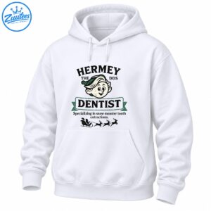Vintage Hermey the DDS Dentist shirt design with a smiling elf, green banner, tooth extraction slogan, and Santa sleigh.