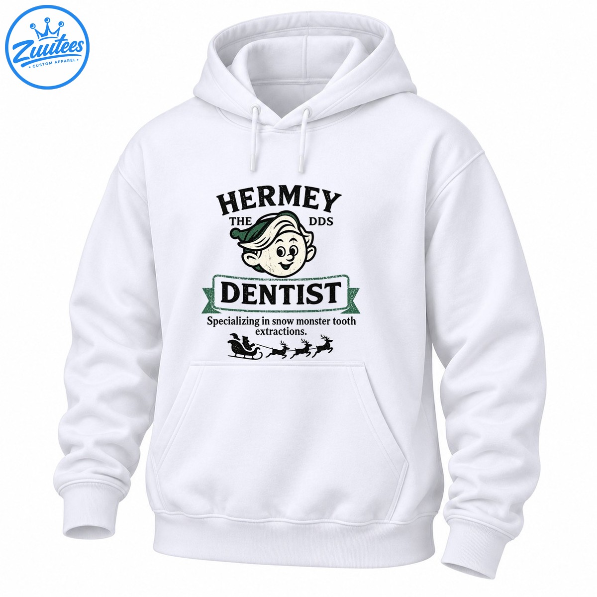 Vintage Hermey the DDS Dentist shirt design with a smiling elf, green banner, tooth extraction slogan, and Santa sleigh. Vintage Hermey the DDS Dentist shirt design with a smiling elf, green banner, tooth extraction slogan, and Santa sleigh.
