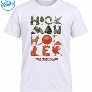 Hickman Holler Appalachian Relief Fund design with mountains, dogs, donkey, fox, rooster, barn, skillet, and woodland plants