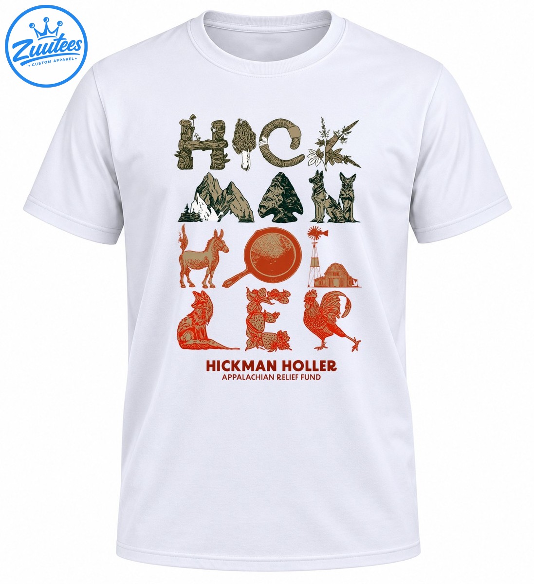 Hickman Holler Appalachian Relief Fund design with mountains, dogs, donkey, fox, rooster, barn, skillet, and woodland plants Hickman Holler Appalachian Relief Fund design with mountains, dogs, donkey, fox, rooster, barn, skillet, and woodland plants