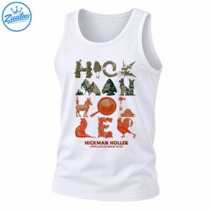 Hickman Holler Appalachian Relief Fund design with mountains, dogs, donkey, fox, rooster, barn, skillet, and woodland plants