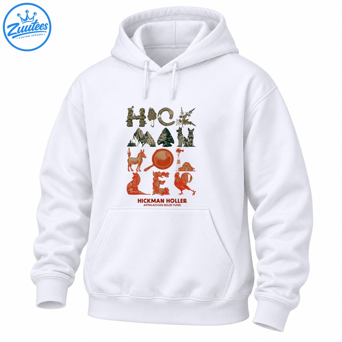 Hickman Holler Appalachian Relief Fund design with mountains, dogs, donkey, fox, rooster, barn, skillet, and woodland plants Hickman Holler Appalachian Relief Fund design with mountains, dogs, donkey, fox, rooster, barn, skillet, and woodland plants