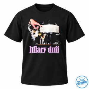 Hilary Duff graphic with a white frosted birthday cake, champagne glasses, a reaching hand, and bold pink lettering.