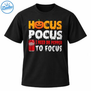 Hocus Pocus I Need Dr Pepper To Focus Halloween shirt design with orange pumpkin, white spooky text and red soda can