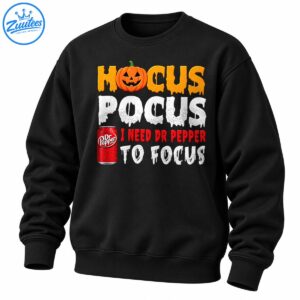 Hocus Pocus I Need Dr Pepper To Focus Halloween shirt design with orange pumpkin, white spooky text and red soda can