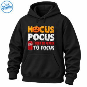 Hocus Pocus I Need Dr Pepper To Focus Halloween shirt design with orange pumpkin, white spooky text and red soda can