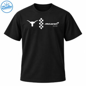 White longhorn mascot, vertical checkerboard graphic, and McLaren Racing typography in a monochrome design