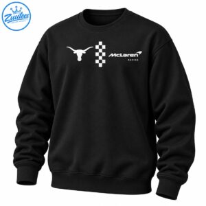 White longhorn mascot, vertical checkerboard graphic, and McLaren Racing typography in a monochrome design