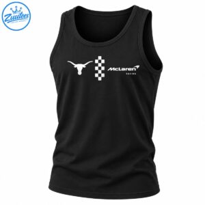 White longhorn mascot, vertical checkerboard graphic, and McLaren Racing typography in a monochrome design