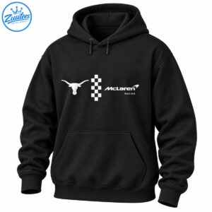 White longhorn mascot, vertical checkerboard graphic, and McLaren Racing typography in a monochrome design