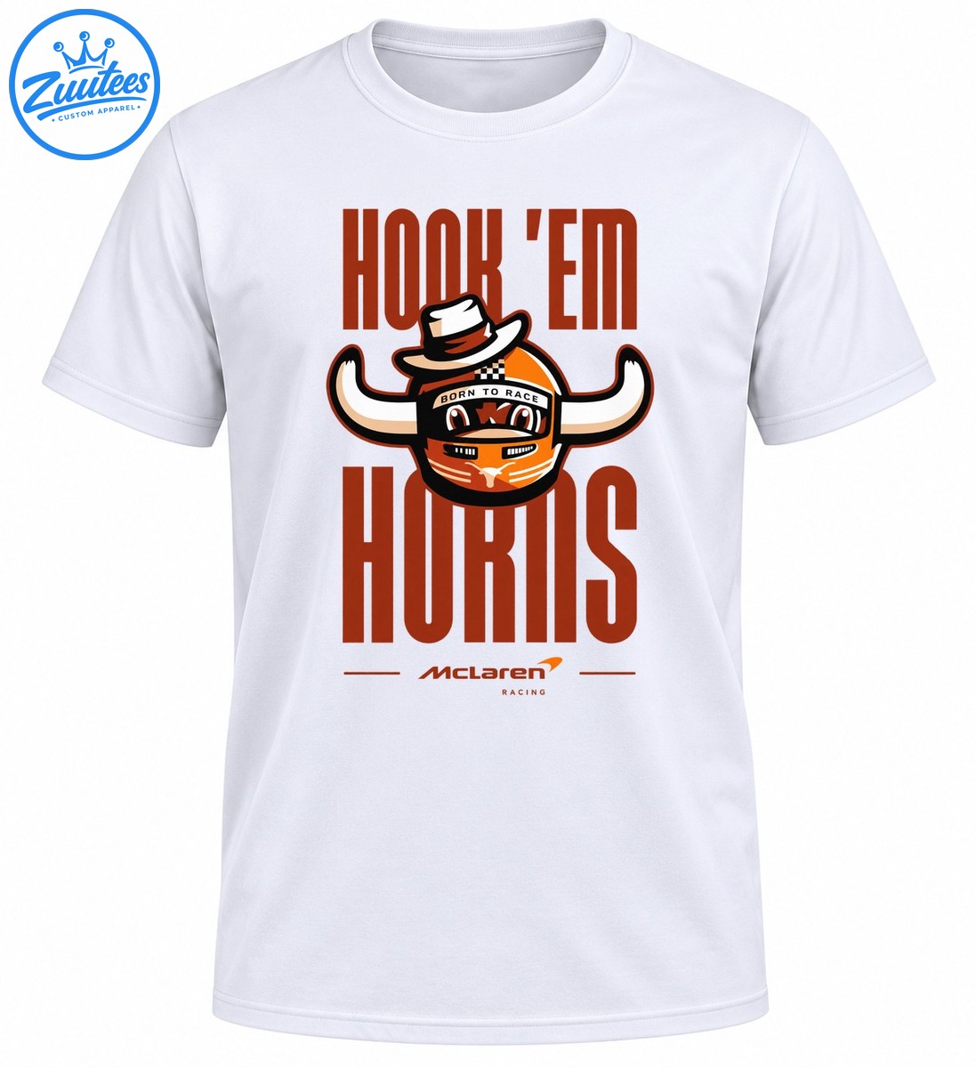 Hook ’Em Horns racing graphic with a cowboy hat, orange longhorn helmet, Born to Race banner, and bold rust lettering Hook ’Em Horns racing graphic with a cowboy hat, orange longhorn helmet, Born to Race banner, and bold rust lettering