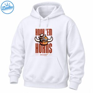 Hook ’Em Horns racing graphic with a cowboy hat, orange longhorn helmet, Born to Race banner, and bold rust lettering