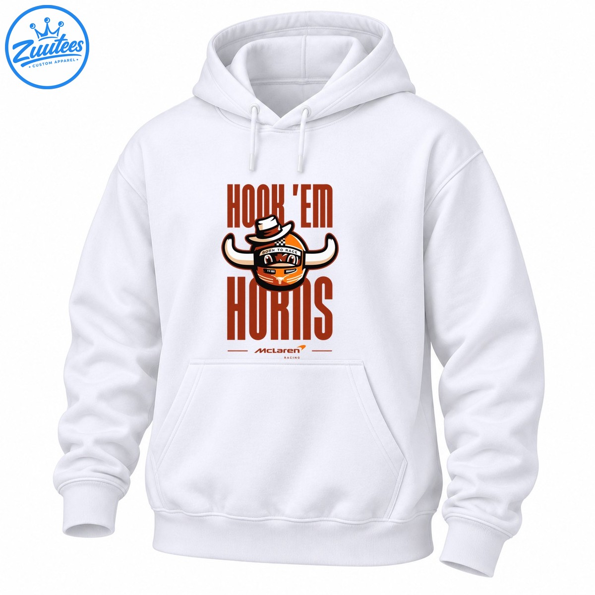 Hook ’Em Horns racing graphic with a cowboy hat, orange longhorn helmet, Born to Race banner, and bold rust lettering Hook ’Em Horns racing graphic with a cowboy hat, orange longhorn helmet, Born to Race banner, and bold rust lettering