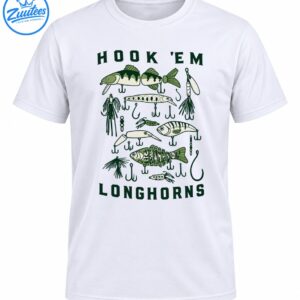 Vintage green and cream fishing lures graphic with hooks and bold HOOK 'EM LONGHORNS lettering
