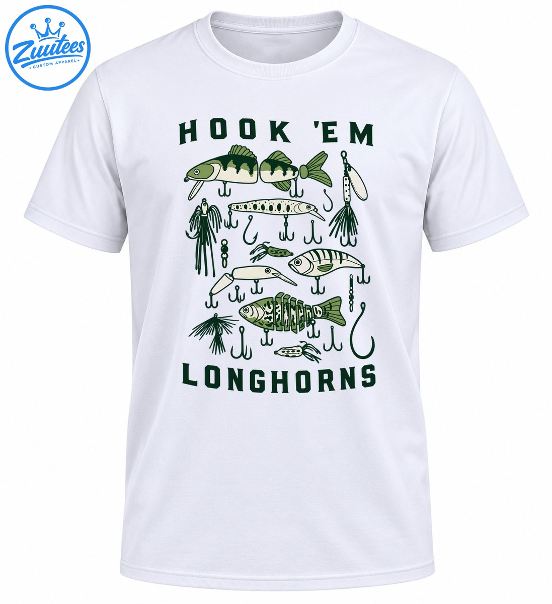 Vintage green and cream fishing lures graphic with hooks and bold HOOK 'EM LONGHORNS lettering Vintage green and cream fishing lures graphic with hooks and bold HOOK 'EM LONGHORNS lettering