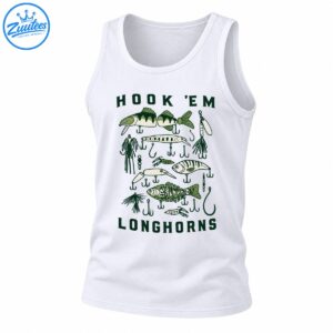 Vintage green and cream fishing lures graphic with hooks and bold HOOK 'EM LONGHORNS lettering