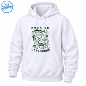 Vintage green and cream fishing lures graphic with hooks and bold HOOK 'EM LONGHORNS lettering