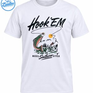 Vintage fishing design with a leaping spotted trout, golden sun, looping fishing line, green water, angler, and Hook 'Em Reel Southern Style lettering.
