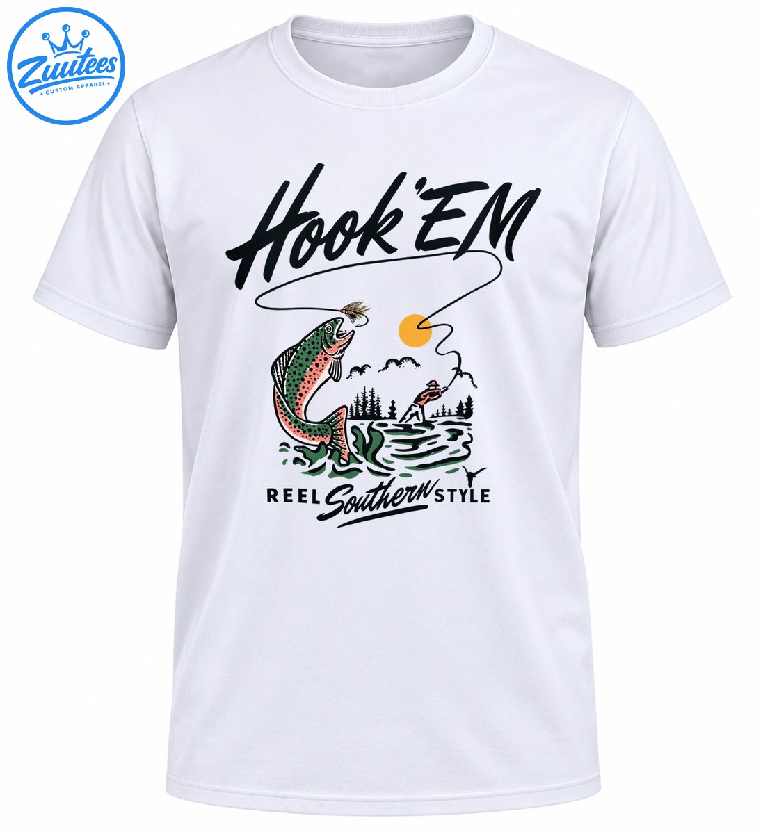 Vintage fishing design with a leaping spotted trout, golden sun, looping fishing line, green water, angler, and Hook 'Em Reel Southern Style lettering. Vintage fishing design with a leaping spotted trout, golden sun, looping fishing line, green water, angler, and Hook 'Em Reel Southern Style lettering.