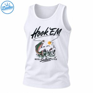Vintage fishing design with a leaping spotted trout, golden sun, looping fishing line, green water, angler, and Hook 'Em Reel Southern Style lettering.