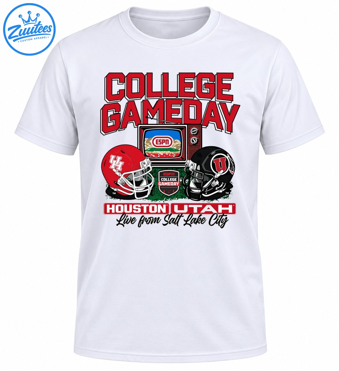 College Gameday graphic with red Houston and black Utah football helmets, retro TV, team name panels, and Salt Lake City text College Gameday graphic with red Houston and black Utah football helmets, retro TV, team name panels, and Salt Lake City text