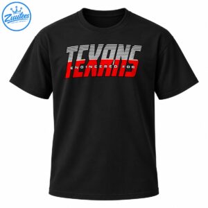 Houston Texans graphic with oversized red italic lettering, white racing stripes, and ENGINEERED FOR text on black.