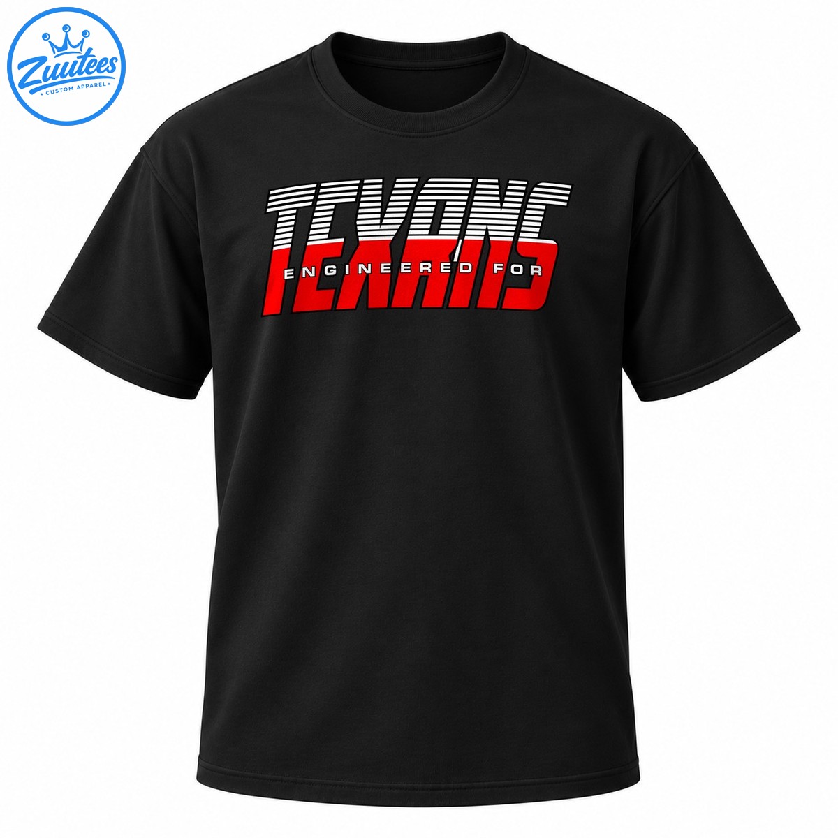 Houston Texans graphic with oversized red italic lettering, white racing stripes, and ENGINEERED FOR text on black. Houston Texans graphic with oversized red italic lettering, white racing stripes, and ENGINEERED FOR text on black.