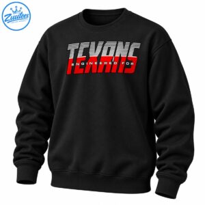Houston Texans graphic with oversized red italic lettering, white racing stripes, and ENGINEERED FOR text on black.