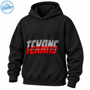 Houston Texans graphic with oversized red italic lettering, white racing stripes, and ENGINEERED FOR text on black.