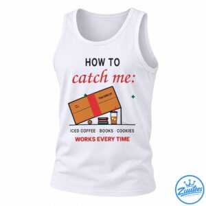 How to catch me graphic with a cardboard box trap, iced coffee, books, cookie, and Works Every Time text