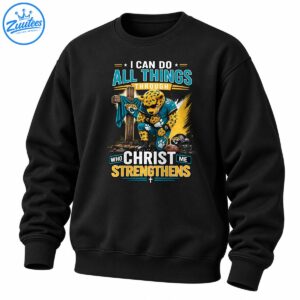 Christian football shirt design with praying teal uniform jaguar mascot, wooden cross, helmet and faith scripture