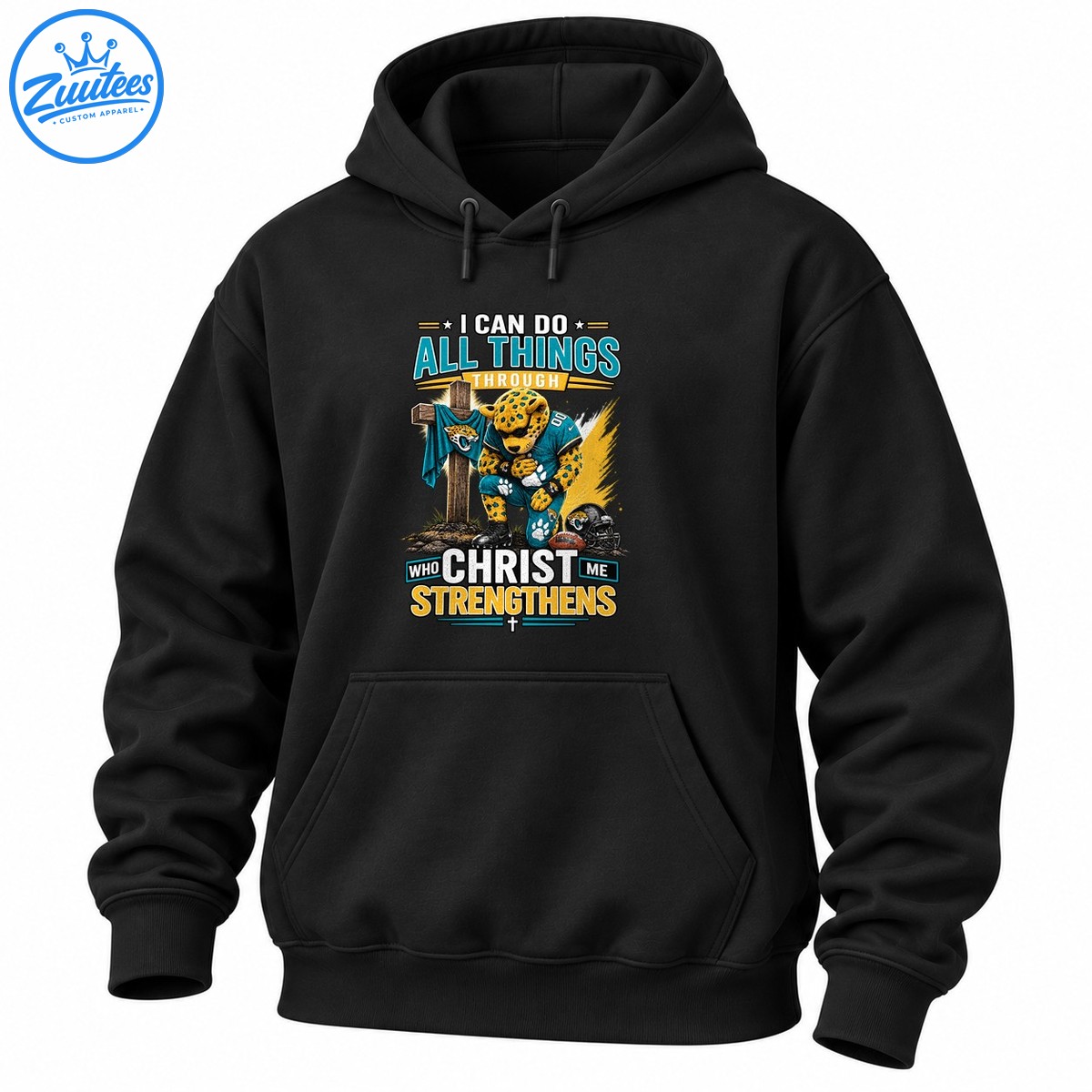 Christian football shirt design with praying teal uniform jaguar mascot, wooden cross, helmet and faith scripture Christian football shirt design with praying teal uniform jaguar mascot, wooden cross, helmet and faith scripture
