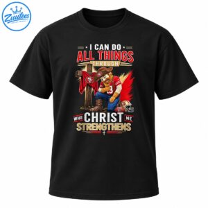 49ers Christian shirt design with kneeling cowboy mascot, wooden cross, SF football helmet and inspirational text