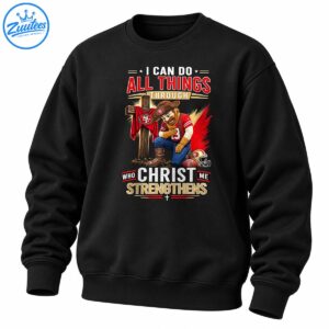 49ers Christian shirt design with kneeling cowboy mascot, wooden cross, SF football helmet and inspirational text