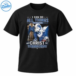 Christian football shirt design with kneeling blue horse mascot, wooden cross, helmet, and Christ strengthens me text