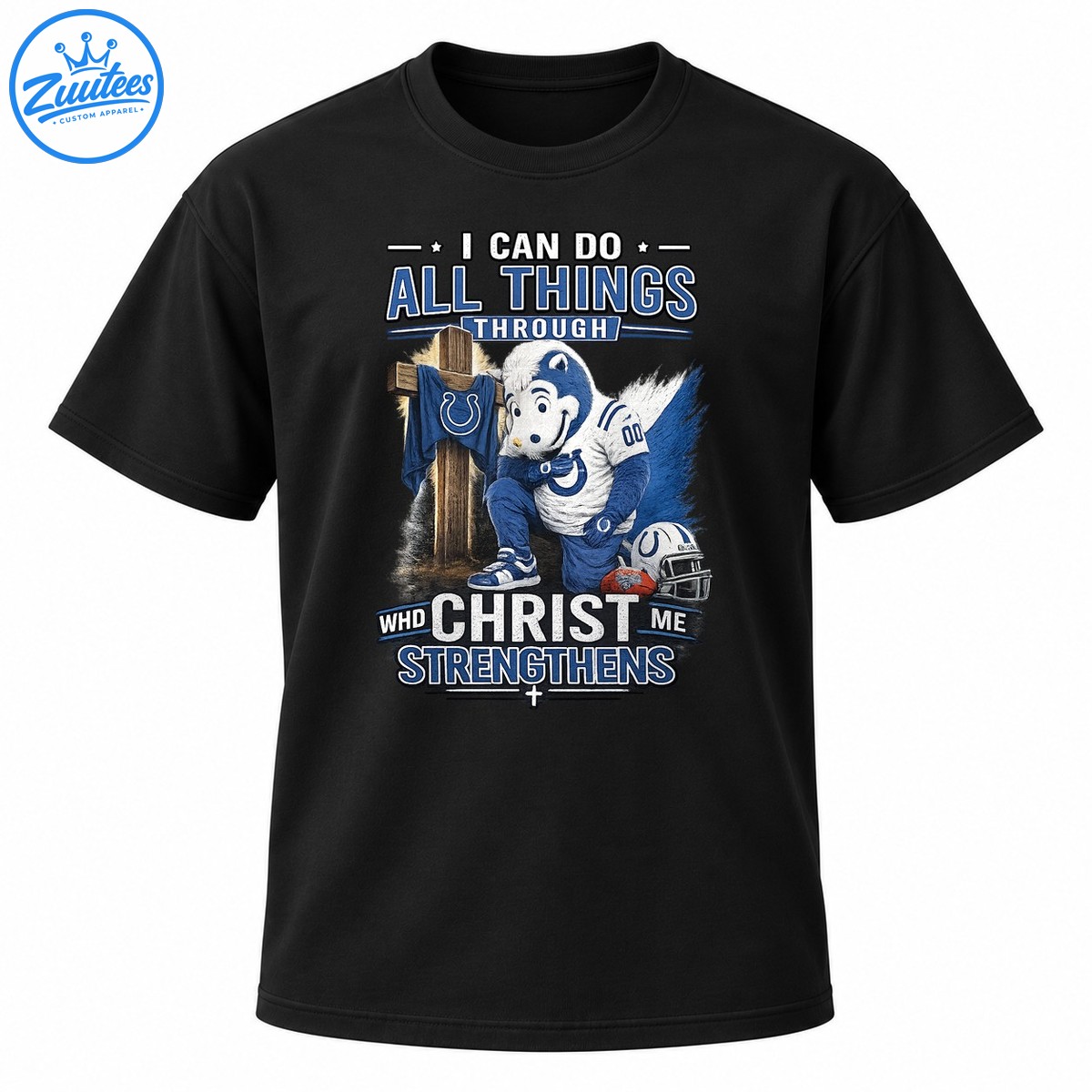 Christian football shirt design with kneeling blue horse mascot, wooden cross, helmet, and Christ strengthens me text Christian football shirt design with kneeling blue horse mascot, wooden cross, helmet, and Christ strengthens me text