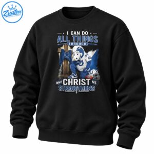 Christian football shirt design with kneeling blue horse mascot, wooden cross, helmet, and Christ strengthens me text