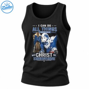 Christian football shirt design with kneeling blue horse mascot, wooden cross, helmet, and Christ strengthens me text