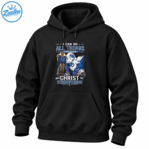 Christian football shirt design with kneeling blue horse mascot, wooden cross, helmet, and Christ strengthens me text
