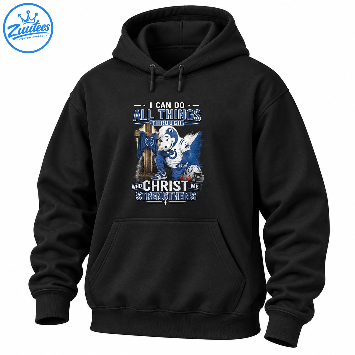 Christian football shirt design with kneeling blue horse mascot, wooden cross, helmet, and Christ strengthens me text Christian football shirt design with kneeling blue horse mascot, wooden cross, helmet, and Christ strengthens me text
