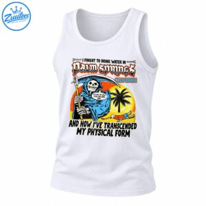 Vintage Palm Springs California shirt design with blue grim reaper, sunset, palm tree, skeleton and funny water quote
