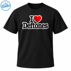 I Heart Deftones graphic featuring black serif lettering, a red heart, and distressed white outlines.