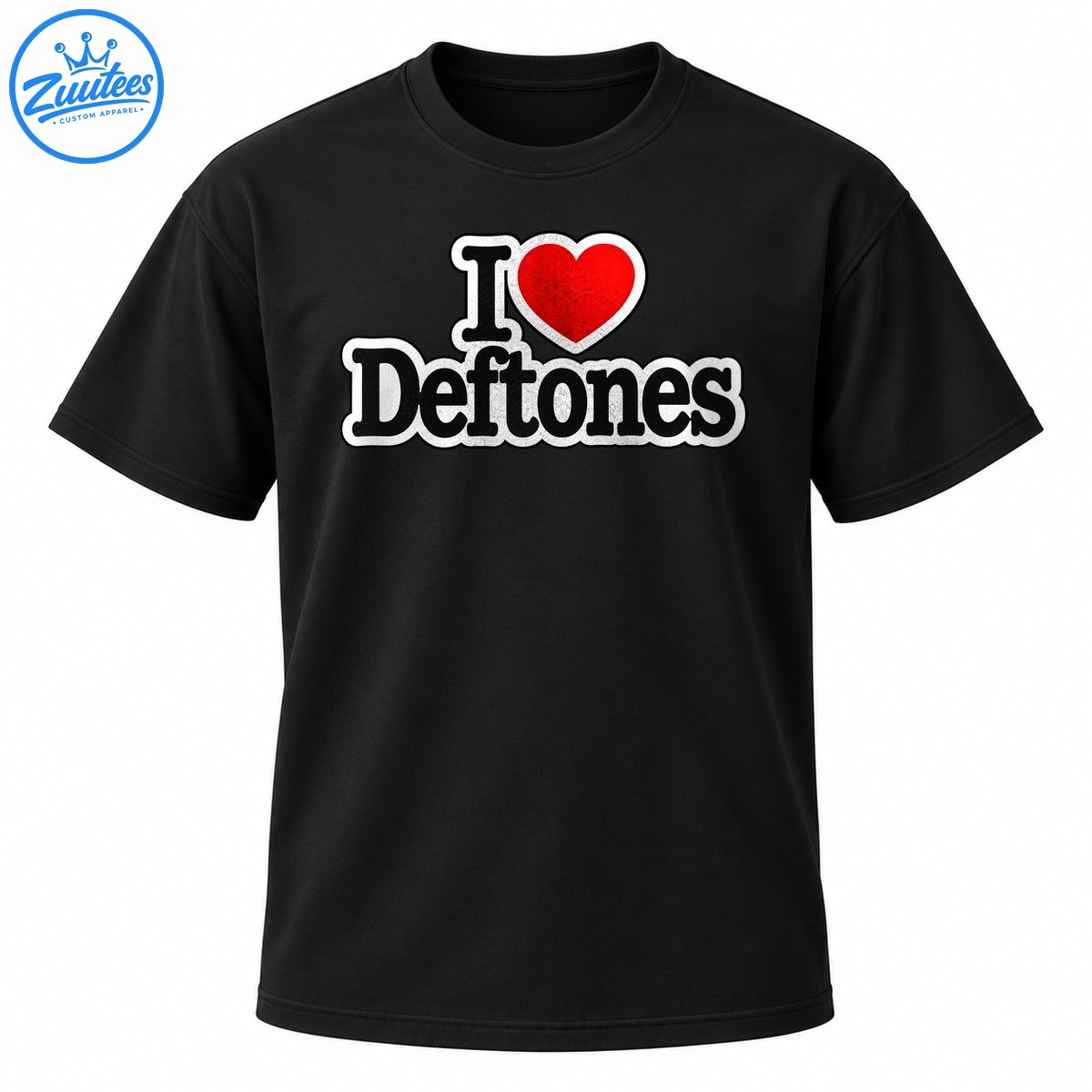 I Heart Deftones graphic featuring black serif lettering, a red heart, and distressed white outlines. I Heart Deftones graphic featuring black serif lettering, a red heart, and distressed white outlines.