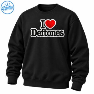 I Heart Deftones graphic featuring black serif lettering, a red heart, and distressed white outlines.