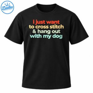 Colorful cross stitch and dog lover shirt design with coral, cream, pale green, and aqua lettering