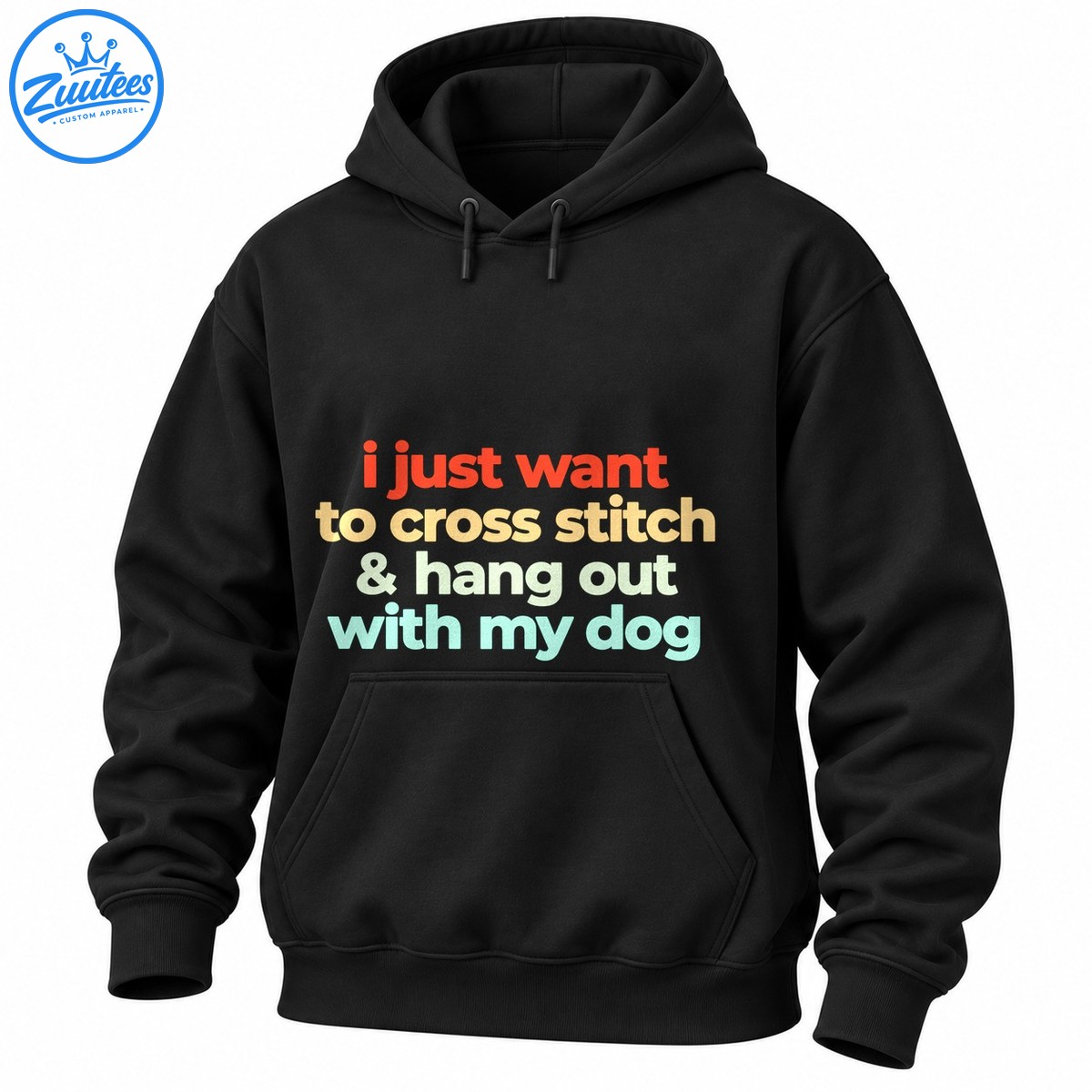 Colorful cross stitch and dog lover shirt design with coral, cream, pale green, and aqua lettering Colorful cross stitch and dog lover shirt design with coral, cream, pale green, and aqua lettering