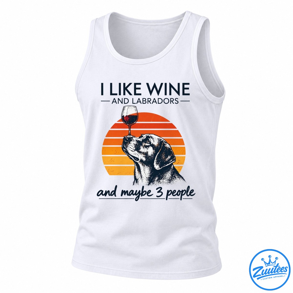 I Like Wine And Labradors And Maybe 3 People Shirt Funny Labrador lover shirt design with a black and white dog, wine glass, orange sunset, and humorous lettering.