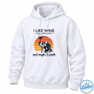Funny Labrador lover shirt design with a black and white dog, wine glass, orange sunset, and humorous lettering.