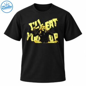 I'll Eat You Up distressed pop music shirt with pale yellow lettering and a blonde performer holding a microphone