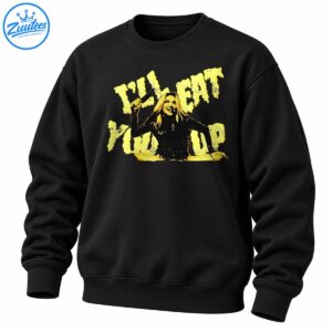 I'll Eat You Up distressed pop music shirt with pale yellow lettering and a blonde performer holding a microphone